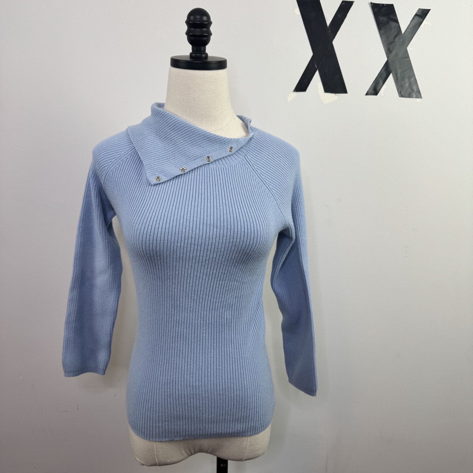 Vintage Y2k Baby Blue Ribbed Sweater Top Envelope Cowl Neck Soft Girl 3/4 Sleeve